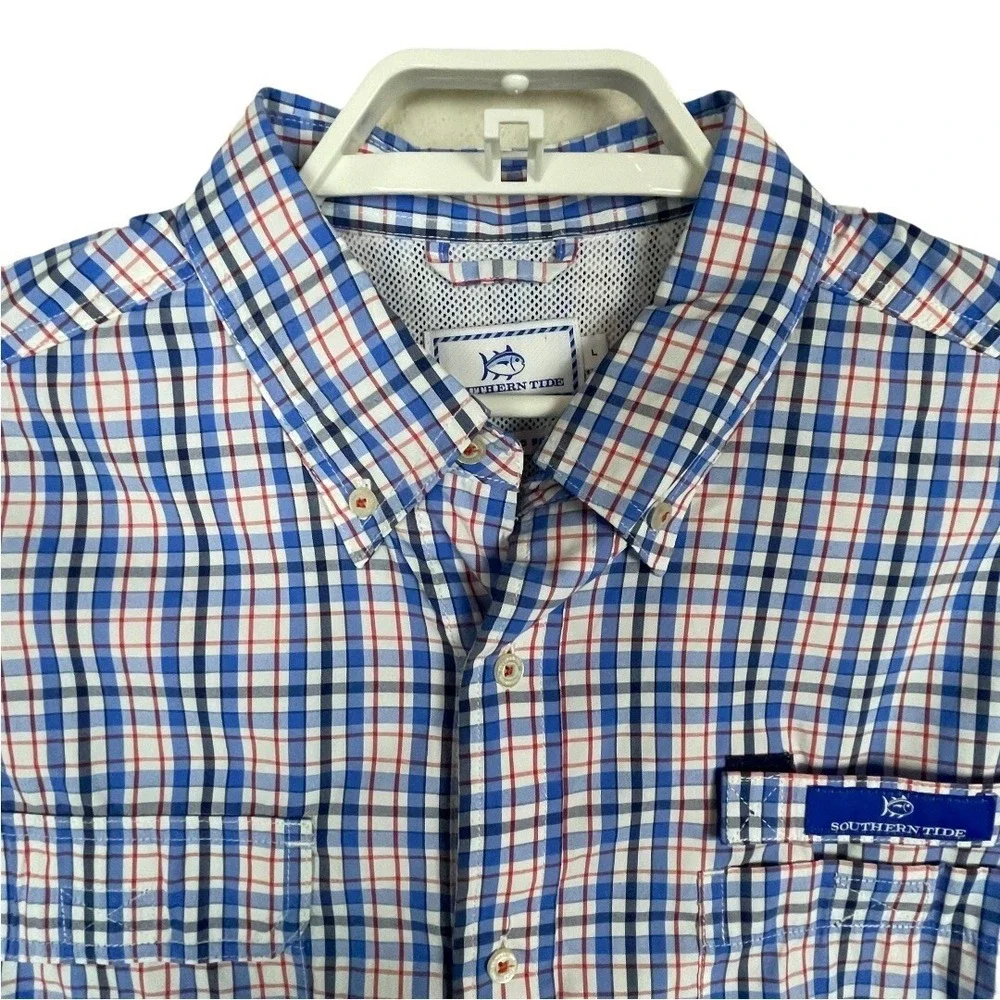 Southern Tide Fishing Shirt Mens L Blue Plaid Performance Long Sleeve Vent Back